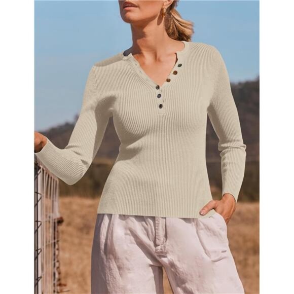 Women's Long Sleeve Button-Down V-Neck Slim Fitted Ribbed Knit Tee - Picture 4 of 8